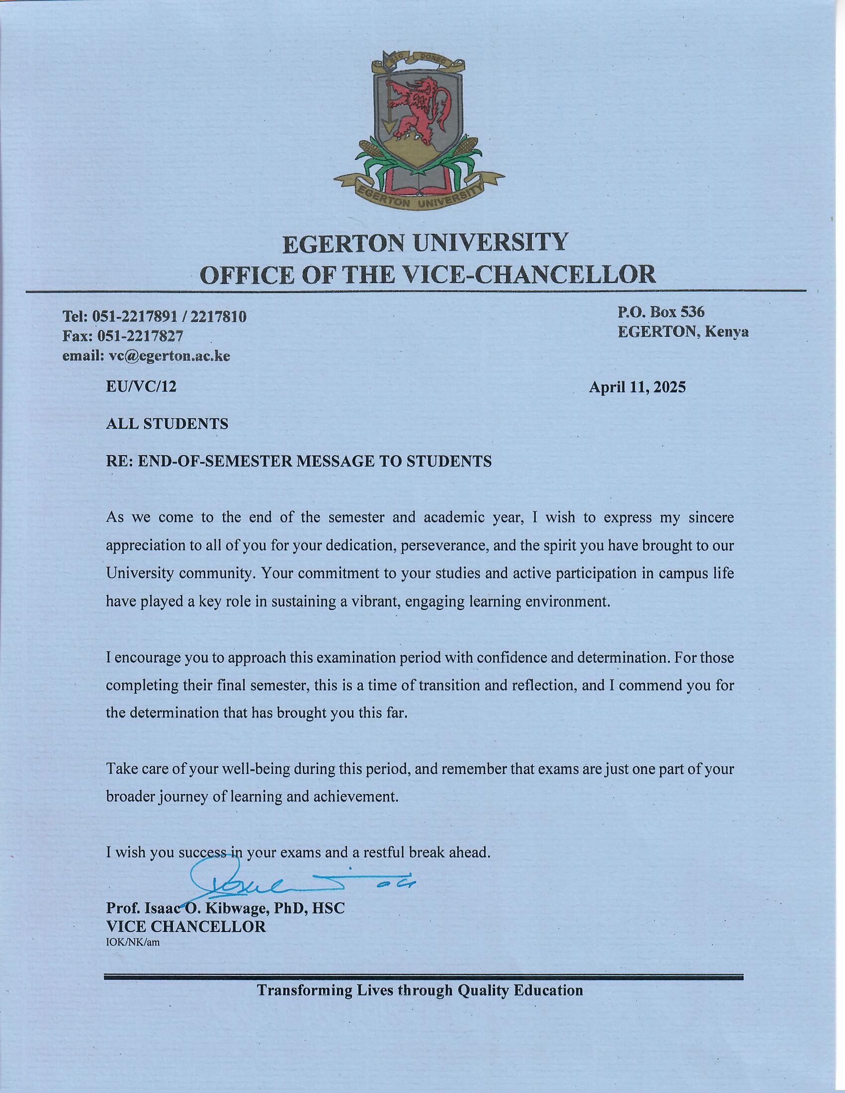 vc message to the students